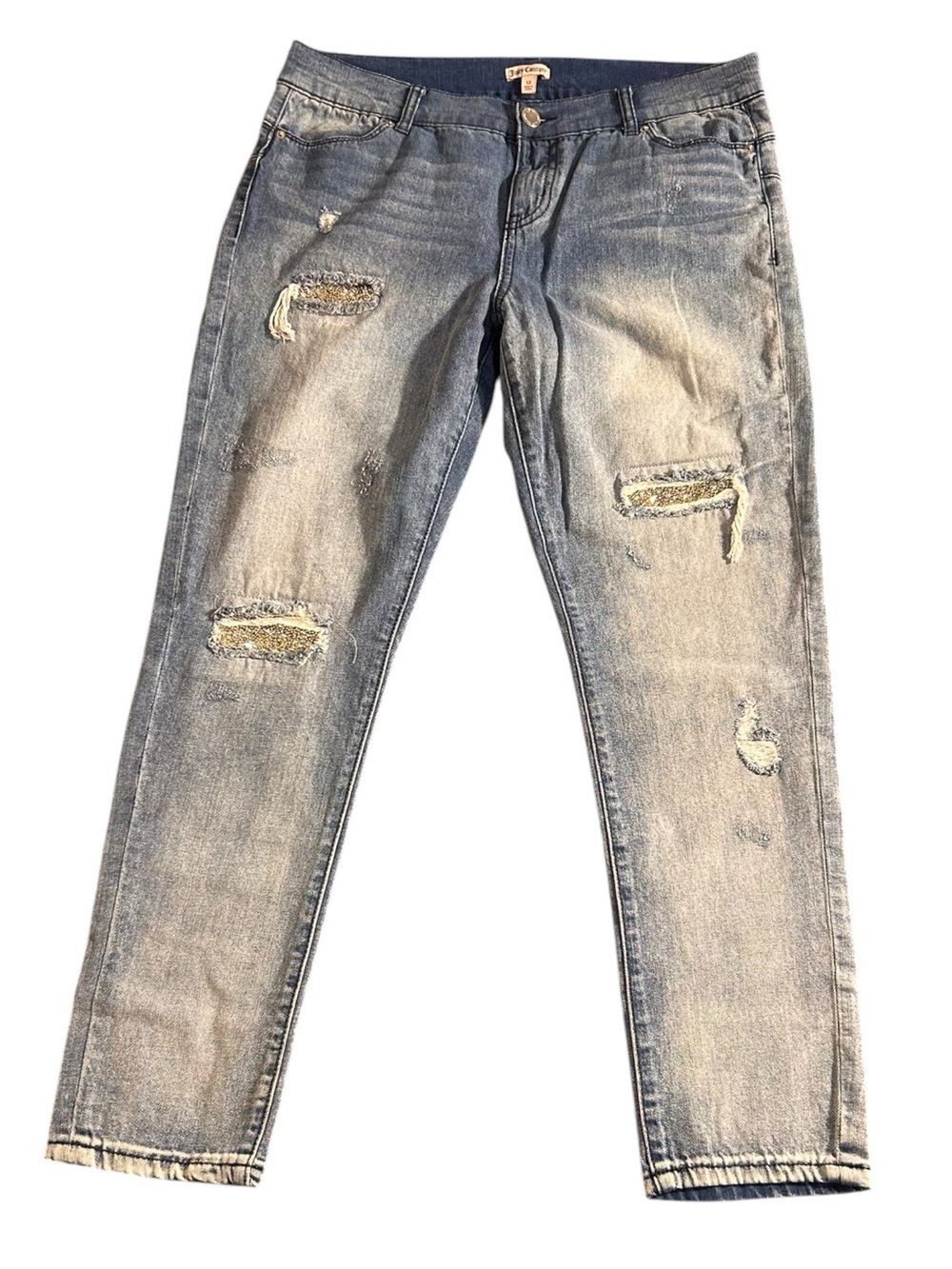 Juicy Couture Distressed Skinny Jeans with Glitter/Crystal Patch Inserts 12 NWOT